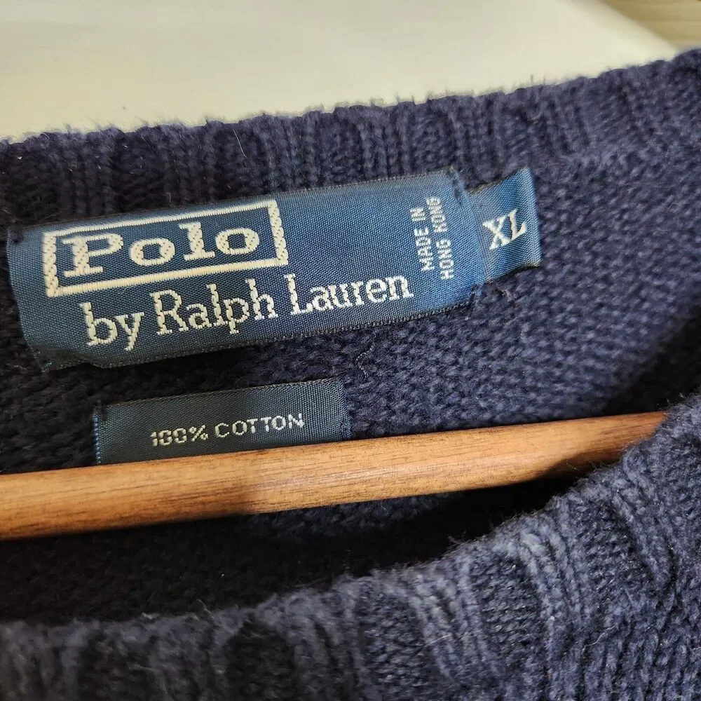 Vintage Polo Ralph Lauren Navy Blue Red Pony L/S Sweater Mens Size XL Hong Kong